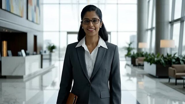 Professional businesswoman holding leather folder stands in modern corporate office with marble floors, art-adorned walls, and natural lighting overlooking a reception desk