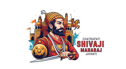 Illustration of Chhatrapati Shivaji Maharaj in traditional Indian attire holding a sword with a castle and flags in the background celebrating Shiv Jayanti and Hindavī Svarājya.