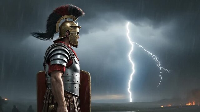 Armored Roman Centurion Standing on Stormy Battlefield Hill