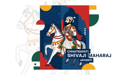 Illustration of Chhatrapati Shivaji Maharaj on horseback, celebrating Shiv Jayanti and Hindavī Svarājya with vibrant colors and nationalistic elements.