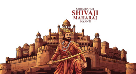Illustration of Chhatrapati Shivaji Maharaj in traditional attire standing proudly in front of a historic fort on Shivaji Maharaj Jayanti, a significant Indian nationalistic celebration.