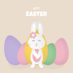 Happy Easter! Easter card with a cute white bunny and Easter eggs. April 5, 2026. Vector.
