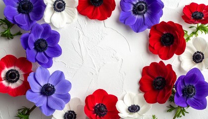 マットな白の漆喰壁を背景に、アネモネの花をフレーム状に配置した広告向け背景素材です。
赤・紫・青・白の花弁と黒い中心部が強いコントラストを生み、視線を引きつけます。
中央はコピーやロゴ配置に最適な広いネガティブスペースを確保しています。
ビューティー、ファッション、エディトリアル、季節キャンペーンに適した汎用ビジュアルです。