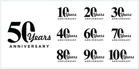 Collection of luxury anniversary logo design. Celebration days special vector symbol icon concept, serif font graphic symbol, 10 to 100 logo symbol icon