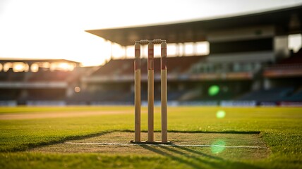 Cricket stumps on stadium field during sunset match
