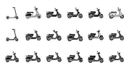 Collection of scooter and electric scooter icons in black and white.