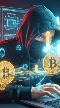 A man in a hoodie interacting with a laptop, surrounded by glowing bitcoin coins and blockchain visuals, representing cryptocurrency transaction.
