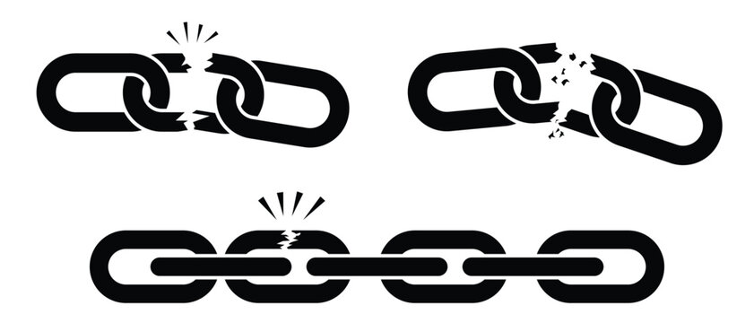 Broken chain vector. Broken link icon. Chain link symbol, Weaknesses icon. Chain vector icon set. Silhouette of chain icon for app, website and logo design. Vector illustration.