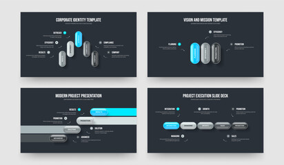 Naklejka premium Project Review Five Three Four Element Infographic Slide Design Vector Illustration Bundle. Product Planning 5 3 4 Option Diagram Frame Template Set.