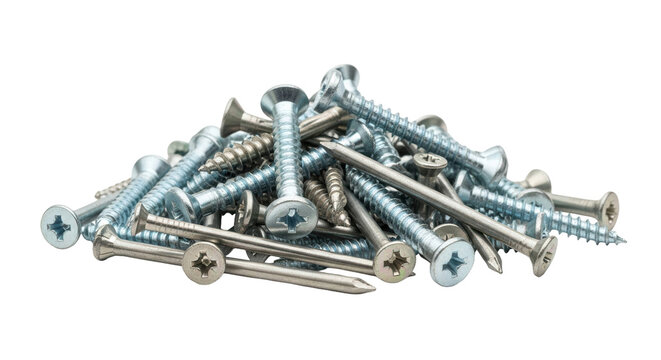 Pile of assorted metal screws and nails used for construction or repair, cut out, stock png, isolated on transparent background