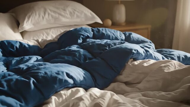 Bed with a blue comforter and white sheets, looking cozy and unmade. 4k resolution video 30fps.