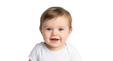 Happy baby smiling brightly, looking directly at viewer, cut out, stock png, isolated on transparent background
