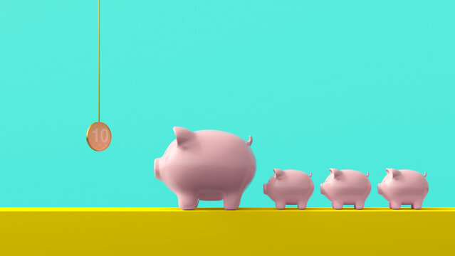 Piggy banks in a row and coin in minimalist 3D finance concept