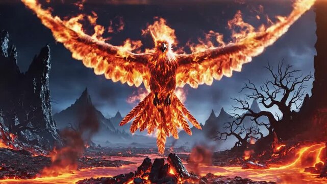Epic cinematic shot of a flaming phoenix bird spreading its wings over a fiery hellscape setting with volcanic lava