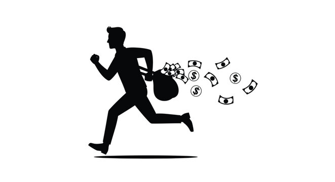 Silhouette of a man running with a bag of money falling out