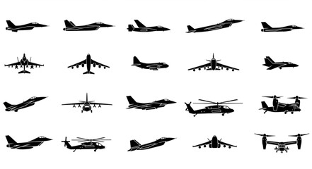 Collection of Silhouetted Aircraft and Helicopters in Flight. © intan yn