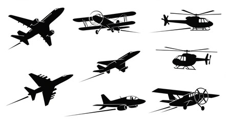 Collection of Silhouetted Aircraft and Helicopters in Flight. © intan yn