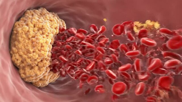 Visual depiction of cholesterol plaque in a blood vessel causing blockage and impeding blood flow in the human body.