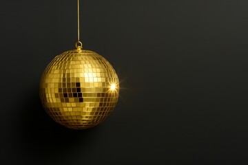 Obraz premium Shiny golden disco ball hanging on string against dark background with glowing reflection, symbolizing festive celebration and luxury concept. Ai generative
