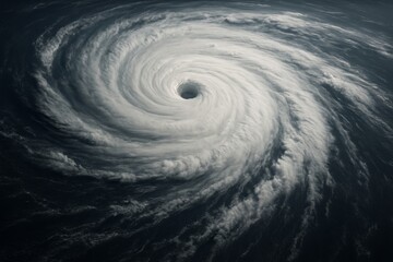 Powerful swirling hurricane eye over ocean with dramatic cloud motion and storm formation from above, showing natural disaster concept background. Ai generative