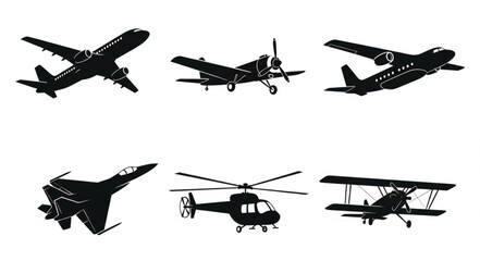 Collection of Silhouetted Aircraft and Helicopter Icons. © intan yn