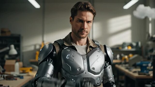 A young Caucasian man with brown hair is wearing a futuristic robotic arm in a workshop. Tools and machinery are visible in the background.