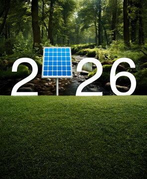 2026 white text with solar cell on green grass field over rill and forest in spring, Happy new year 2026 green ecology and saving energy concept