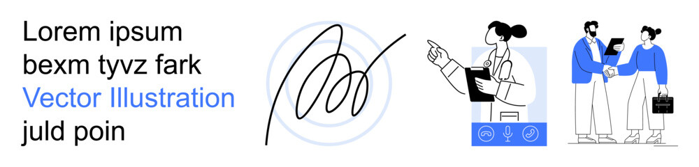 Fototapeta premium Digital transactions, business negotiations, online documentation, healthcare services, teleconsultation, professional communication. A digital signature, doctor consulting, two professionals shaking
