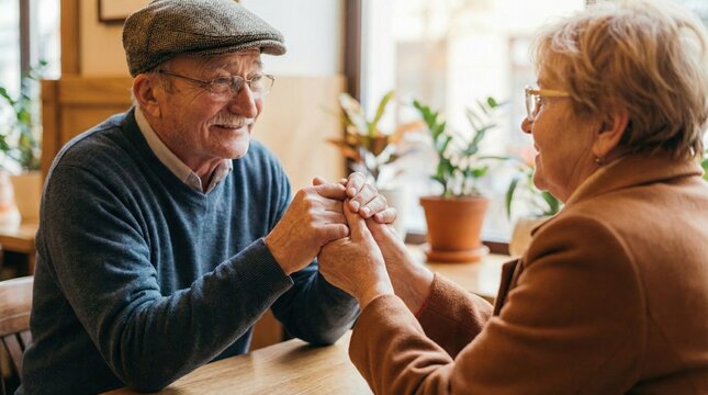 Happy senior couple holding hands in cozy cafe,emotional connection,retirement lifestyle,love and companionship concept representing trust,care,aging gracefully and family values