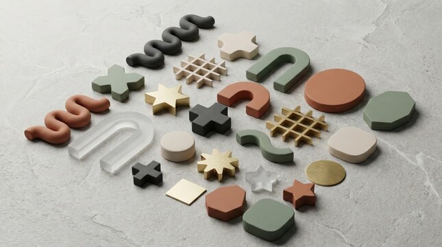 Abstract geometric shapes collection in neutral tones,modern 3D objects assortment for branding,interior decor,product mockup,creative composition and minimal design background