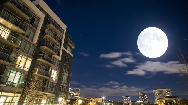A night scene features an illuminated residential building under a dark blue sky, alongside a bright, full moon. City lights glimmer in the distance
