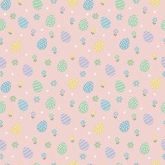 Soft pastel seamless pattern with decorated easter eggs and spring flowers, perfect for fabric, wrapping paper, digital backgrounds