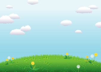 たんぽぽが生える草原の背景イラスト
