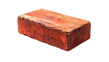 A close-up view presents a weathered, red-orange rectangular brick against a stark black backdrop. The brick's textured surface shows cracks