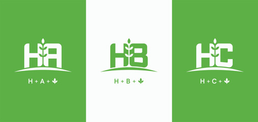 Set of initials letter HA, HB, and HC with grow plant logo design. HA leaf symbol. HB monogram agriculture farm logo. HC nature leaf logotype © Royan