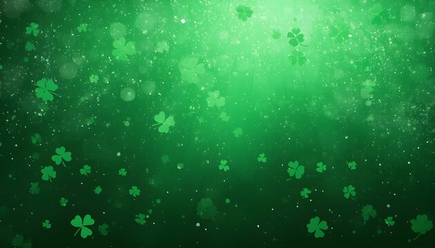 A vibrant green background with scattered four-leaf clovers and sparkling particles, perfect for St. Patrick's Day celebrations
