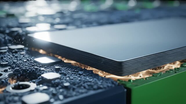 Macro 3D visualization of solid state battery internal structure with electrode layers and particles
