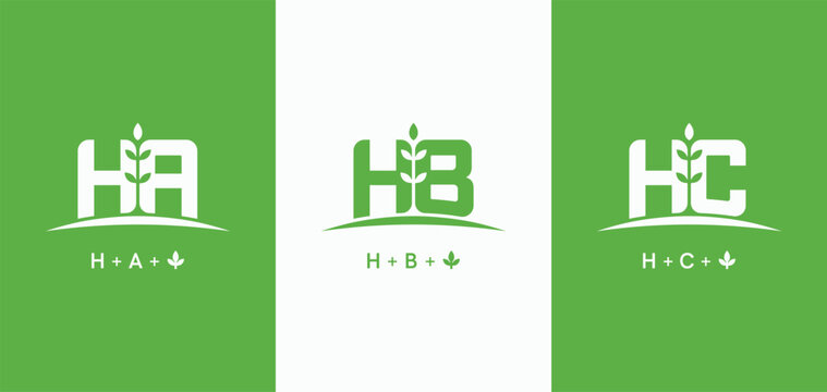 Set of initials letter HA, HB, and HC with grow plant logo design. HA leaf symbol. HB monogram agriculture farm logo. HC nature leaf logotype
