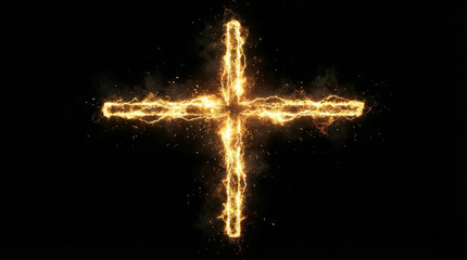Geometric Cross (Plus Sign) Created with Golden Sparks - Abstract Background Representing Addition, Cooperation, and Positive Energy