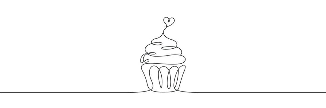 Continuous one line drawing of a sweet cupcake with a heart topper for bakery branding. Single line art. Editable stroke. Doodle hand drawn vector illustration