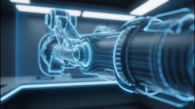 Futuristic mechanical engineering laboratory displaying complex holographic turbine engine prototype with blue glowing wireframe visualization