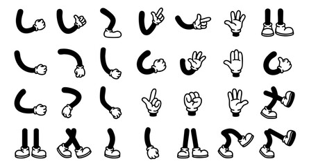 Retro cartoon legs and hands, Hands with gloves and feet with boots, various poses for characters, a set of poses, gestures, placement of hands and feet. Mascot character set. © Creative Design