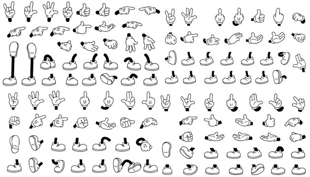 Retro cartoon legs and hands, Hands with gloves and feet with boots, various poses for characters, a set of poses, gestures, placement of hands and feet. Mascot character set.