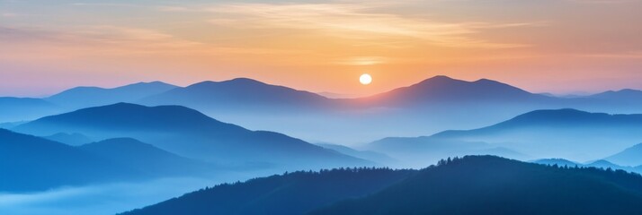 Obraz premium Sunrise over misty mountains with rolling hills and dramatic sky at twilight in a natural landscape