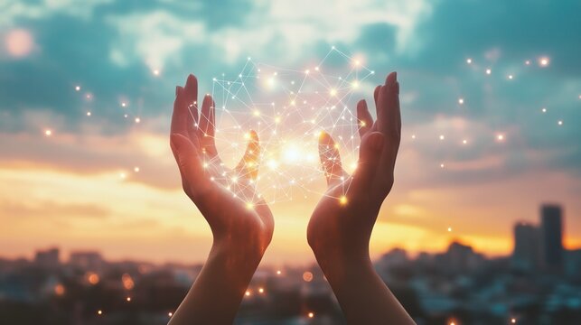 Close-up hands reaching to sky holding light energy with cityscape background, digital network connections, spiritual growth social media digital marketing concept