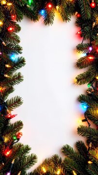 Festive Christmas tree branches and colorful string lights framing a blank white space