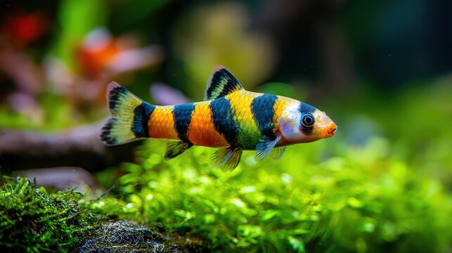 A colorful clown loach fish swims gracefully in a vibrant, green aquatic environment with blurred natural background elements.