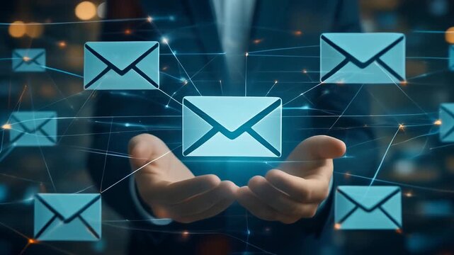 A person in a suit holds out their hands, displaying multiple floating email symbols connected by a network of lines. The background has a bokeh effect