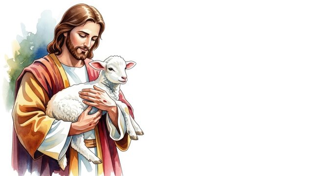 A watercolor illustration of Jesus Christ holding a young lamb in his arms&mdash;a symbol of faith, hope, and spirituality. Ideal for religious publications, Easter, Christmas, and Christian holidays. Copy 
