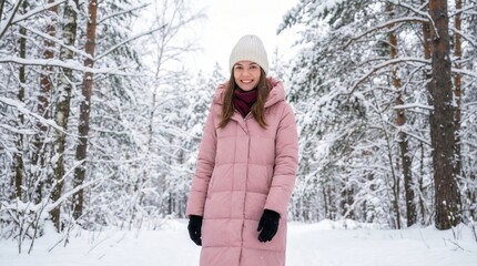 Happy woman wearing warm winter jacket standing in snowy forest landscape,outdoor lifestyle portrait,seasonal travel and cold weather fashion concept